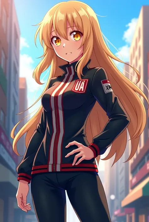 blonde girl,honey eyes,long hair,with the ua uniform of bnha