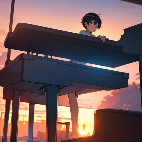 A boy playing the piano in a beautiful sunset, anime 2d style image