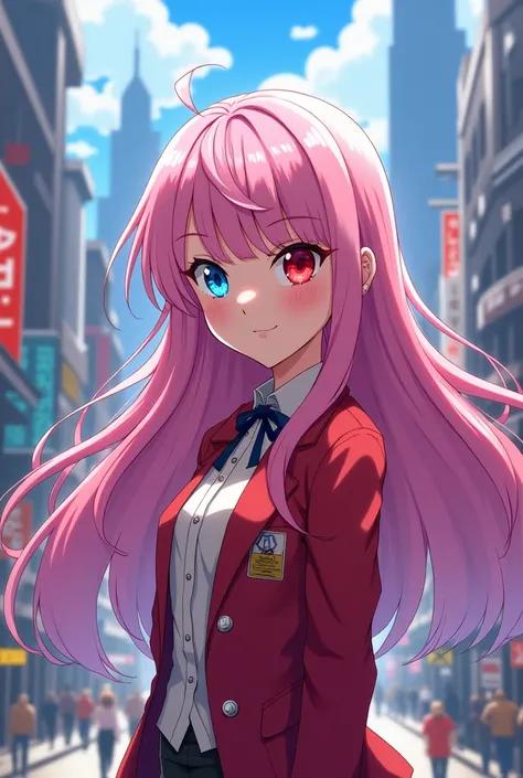 Boku no Hero style girl with long pink hair, blue left eye and red right eye. 