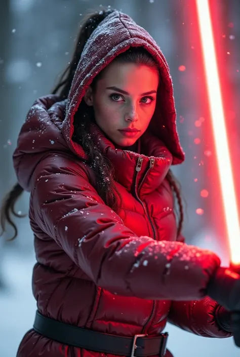  a slim ponytail 16 year old sith wielding her bright lightsaber fighting against a slim lightsaber-wielding jedi in the snow,beautiful detailed eyes,beautiful freckles,beautiful detailed lips,extremely detailed eyes and face,longeyelashes, wearing beautif...