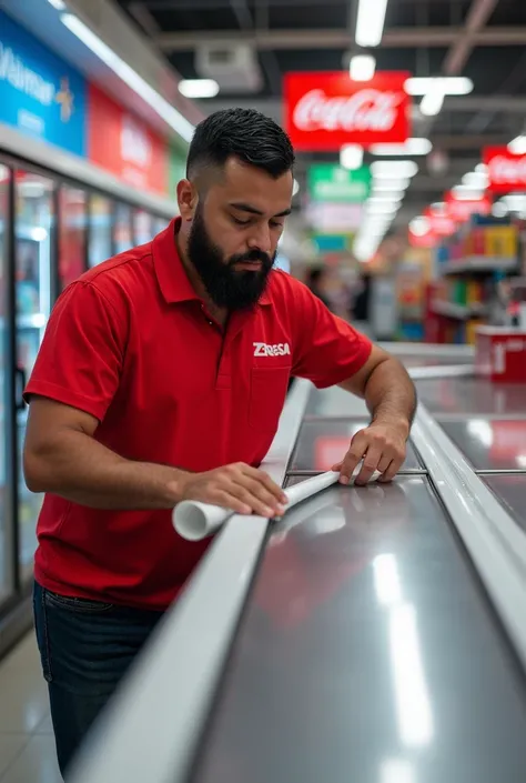 Man dressed in a uniform, red shirt from the ZEGESA advertising company, applying vinyl to cold equipment at Walmart with Coca-Cola advertising.