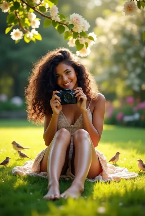 A brunette girl with curly hair and big breasts sits with her legs stretched out, taking a realistic photo