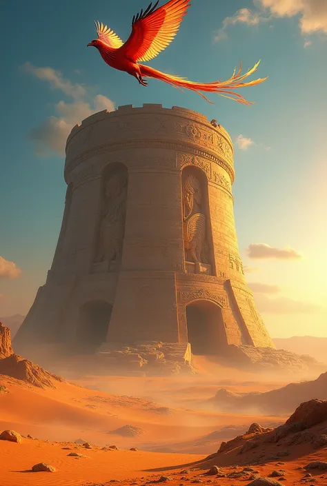 desert with a giant round tower and a phoenix flying around