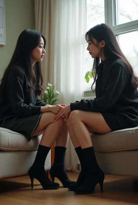 Female teenage student peeing、female student is in interview、A female teacher is sitting beside the female student. The female teacher is wearing a skirt, crewneck sweater and wool socks. The female student pees when she sitting with her legs packed tightl...