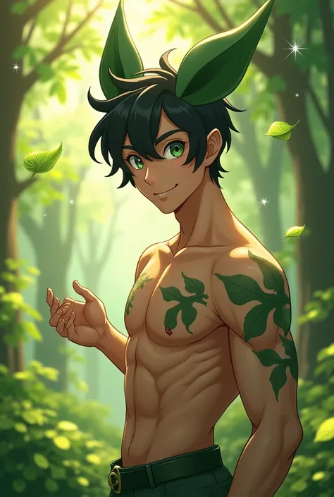 Leafeon human version. Attractive man, short black hair, young and good body. shirtless