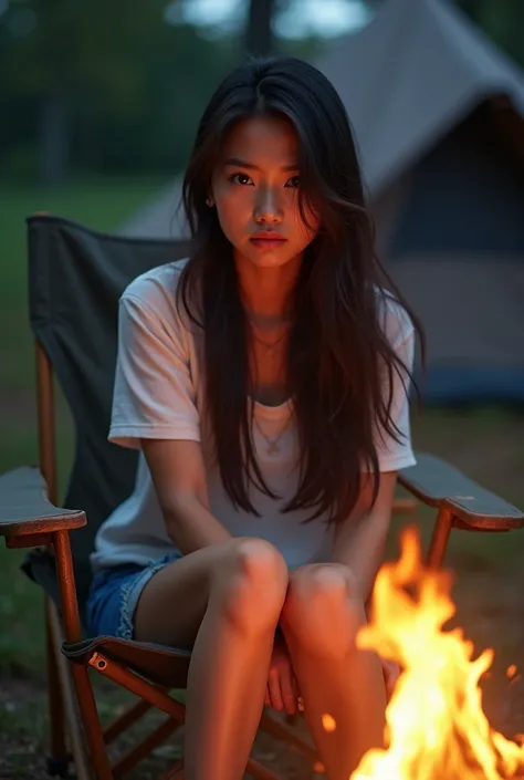 22 years old asian girl with long hair sit on the camp chair, brunette hair, full body, big boobs tent, campfire, white shirt, blue jean short, white crocs, some facial imperfections, beautiful girl, to frown, highly detailed face, real human, ultra detail...