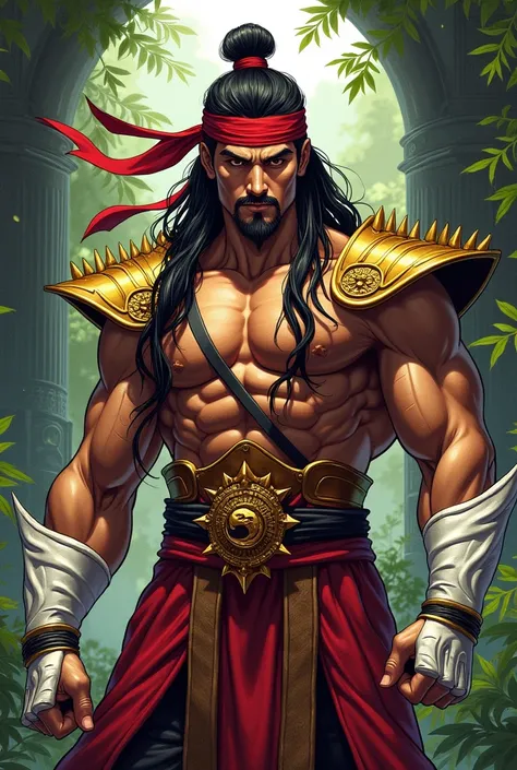 Liu Kang mortal kombat with long hair and a bun a red headband tied so bun, golden shoulder pads with numerous spikes without a shirt, white fingerless gloves beard, with red cover 