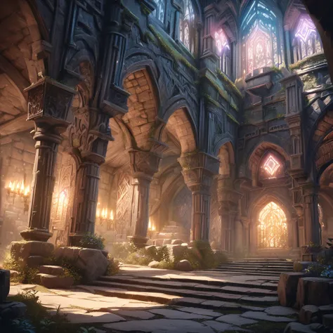 stunning medieval fantasy dungeon, magical elements, soft colors, highly detailed, stone walls, mysterious atmosphere, dramatic lighting, intricate architecture, ornate decorations, glowing magical effects, epic scale, photorealistic, 8k, best quality