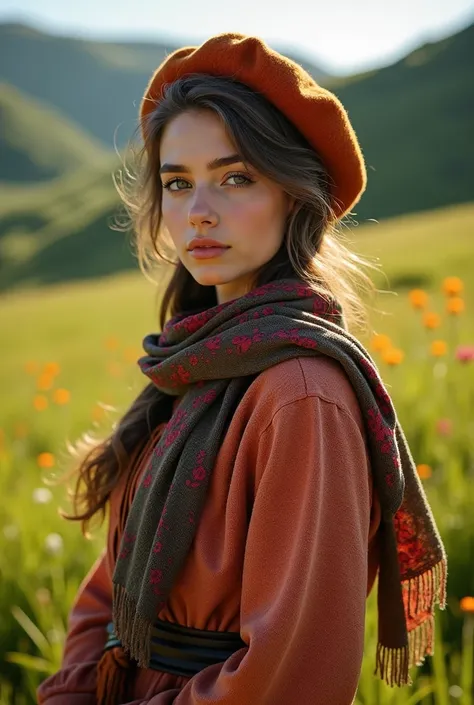 a beautiful portrait of a young woman from the basque country, wearing a traditional basque beret and scarf, standing in a lush green meadow with rolling hills in the background, warm natural lighting, intricate details, vibrant colors, cinematic compositi...