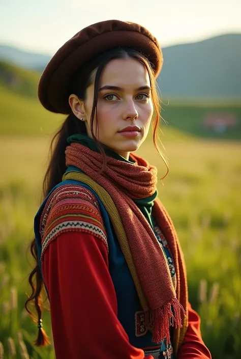 a beautiful portrait of a young woman from the basque country, wearing a traditional basque beret and scarf, standing in a lush green meadow with rolling hills in the background, warm natural lighting, intricate details, vibrant colors, cinematic compositi...