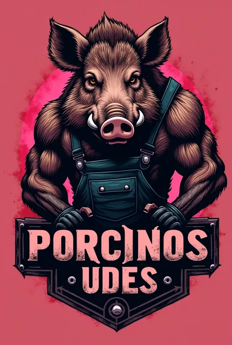 Logo for a team called pigs, which has an aggressive wild boar wearing mechanic clothes in the background with dark pink tones and the name PORCINOS UDES 