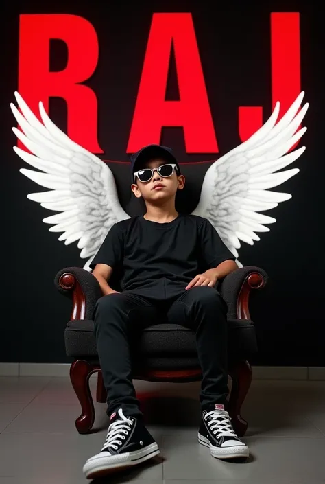 Create a 3d illusion for a Instagram profile picture where a boy in a black sits casually on a wingblack chair. Wearing sneakers, a black cricket cap, and sunglasses, he looks ahead. The background features RAJ in big capital red fonts on the black wall. T...