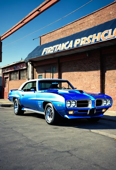 1969 Pontiac Firebird Trans Am, detailed classic muscle car, car repair shop parkin bright psychonic standing nearby, clear blue sky, heavy shadows, professional camera, professional lighting, photorealistic, 8k, best quality, highly detailed, hyper realis...