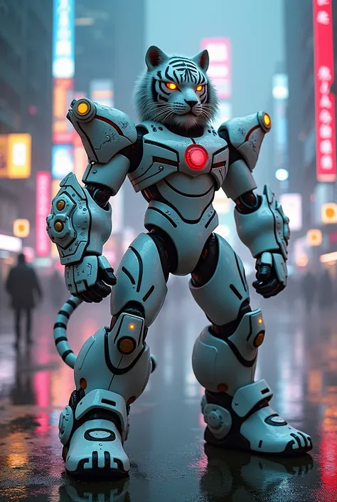 White Tiger Humanoid in the style of MegaMan X, 4K, fully body,  metal feathers on the arms, fund, planície in a futuristic cyber punk city, cyber punk. breastplates.