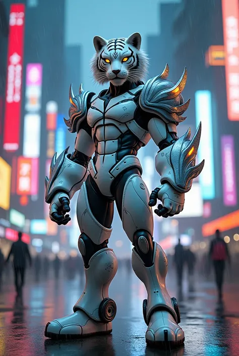 White Tiger Humanoid in the style of MegaMan X, 4K, fully body,  metal feathers on the arms, fund, planície in a futuristic cyber punk city, cyber punk. breastplates.