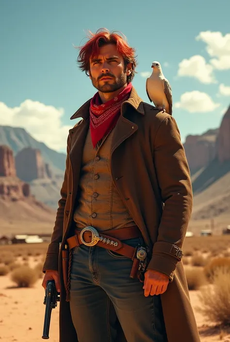 25-year-old adult in an old west style, brunette with red hair, wearing a brown overcoat, two Colt revolvers on his waist, a red bandana around his neck, and a dove on his shoulder.