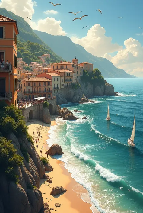 A detailed landscape, a picturesque seaside town, coastal cliffs, sandy beaches, crashing waves, sailboats, seagulls flying, sunlight sparkling on the water, old stone buildings, cafe terraces, people strolling, high-end fashion, (best quality,8k,highres,m...