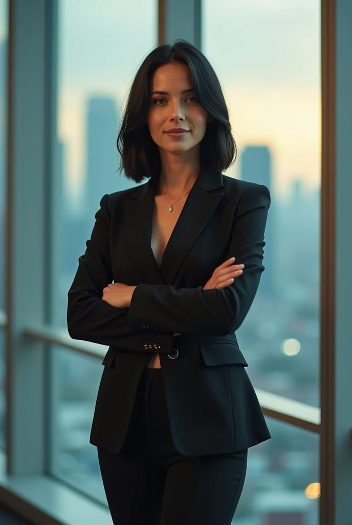 woman in business attire with medium black hair
