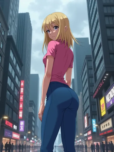 A blonde girl standing on the ground floor of a metropolis building, fully body, perfectbody, perfect hands, perfect legs, piercing look, wearing blue pants and a pink shirt, observing the surrounding buildings and the hustle and bustle of a big city. Clou...