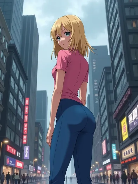 A blonde girl standing on the ground floor of a metropolis building, fully body, perfectbody, perfect hands, perfect legs, piercing look, wearing blue pants and a pink shirt, observing the surrounding buildings and the hustle and bustle of a big city. Clou...