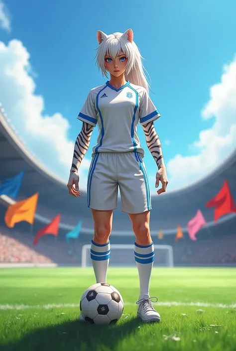 White tiger female anime with white soccer uniform
