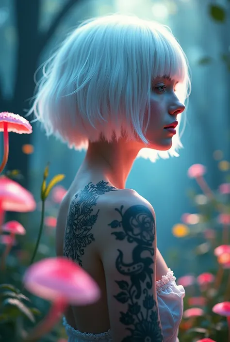 Naked Girl with short White hair with pink tips 