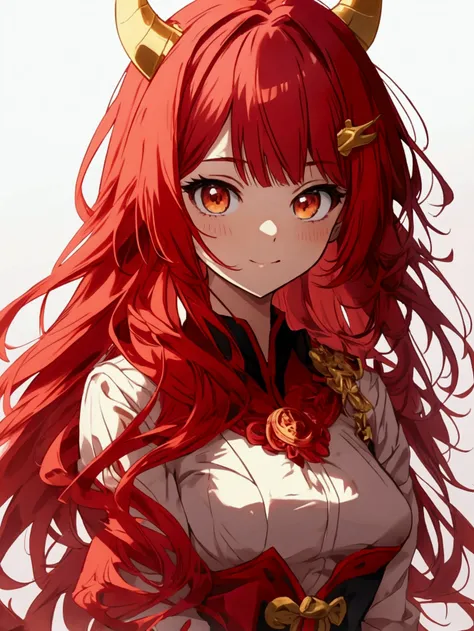 Anime Dragon girl. Red hair. Dragon horns and tail. standing on the hill. Soft smile. Red dragon in the backgraund.