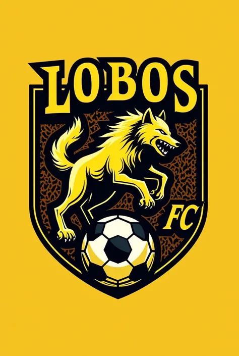 Create a logo for a yellow soccer team, in the center there should be a ball split in half and in the middle a fierce wolf coming out, the logo should say: LOBOS FC