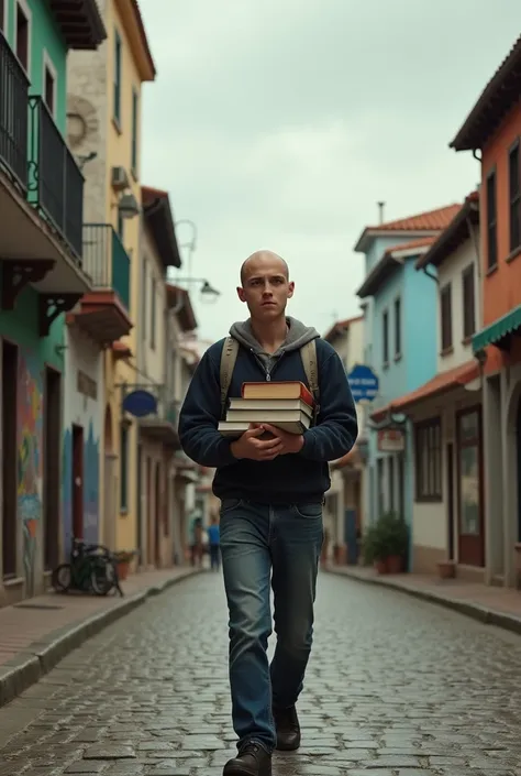  bald student from the coast on a cloudy street