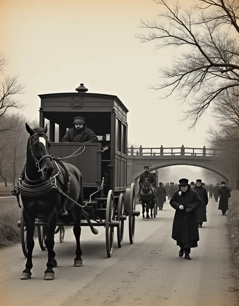 Japan in the Edo period, photo of a big carriage, people passing by a bridge, shoot by time-traveling photographer,