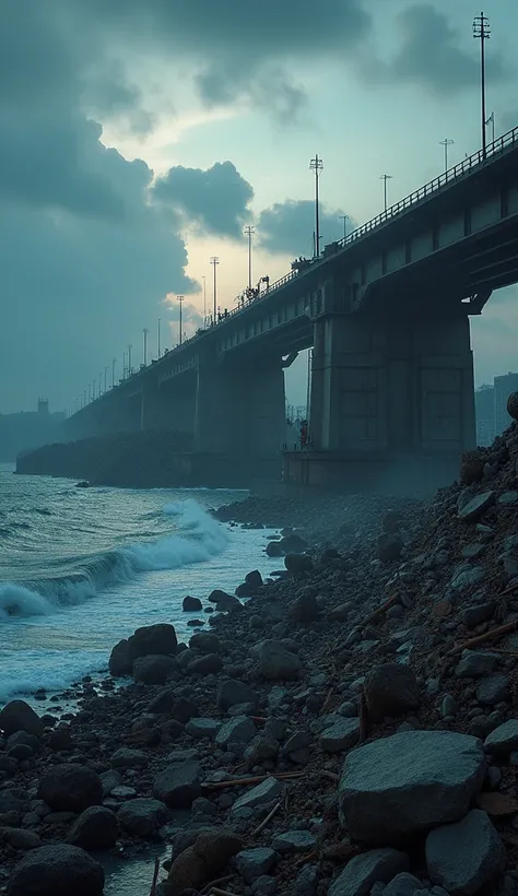 Ultra-realistic image in 8k " The city of Tiro has a picture of a bridge being built with the debris that was thrown into the sea to build a bridge.. The scene is dominated by a dark and cloudy sky, with the light of twilight illuminating the devastation."