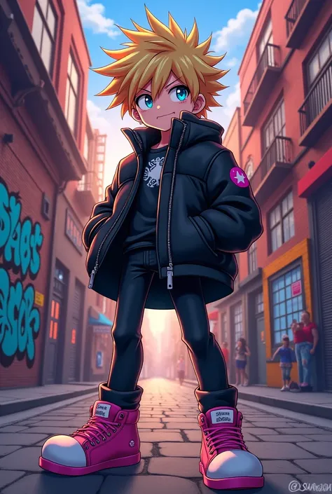 Boku no Hiro Stroke, clothes a black jacket, jeans pink shoes, Short blonde spiky hair, blue colored eyes, pink blouse