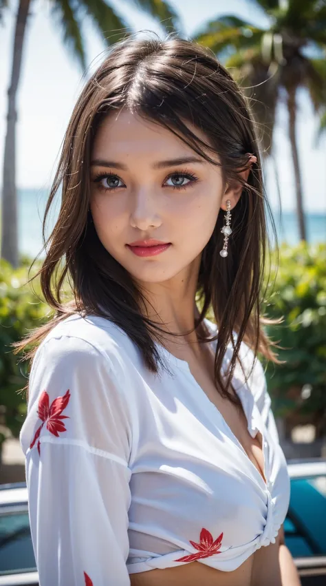 alone, whole body,earrings, eyelash, pantyhose,, (beach,(palm tree),crowd,(white shirt), floral print,red lips),sexy and provoca...