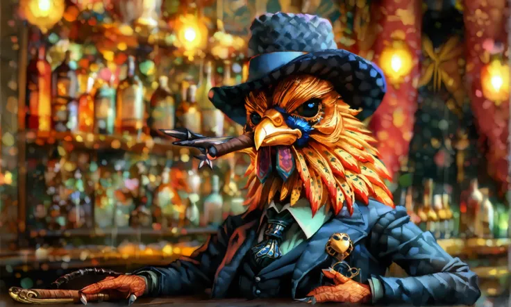 A stylish rooster dressed as a 1920s mobster, wearing a dapper suit, a tilted hat, and a silk tie. He has a confident and imposing expression, holding a lit cigar between his fingers. The smoke from the cigar curls in the air as he leans on a fancy wooden ...