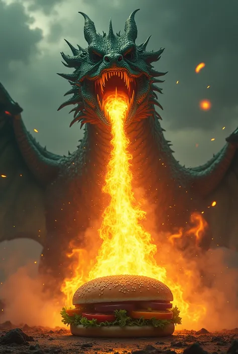 I need a dragon (estilo house of the dragon) with its mouth open that looks real, I need him to be spitting a huge jet of flames coming out of his mouth. The plane is burning in a McDonalds style sandwich 