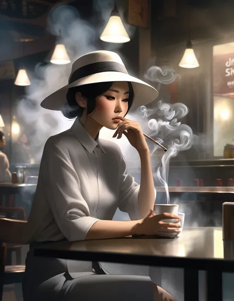 (((Smoke filled the air))), An Asian person sitting near a table in a dimly lit cafe, White shirt, Pay attention to her face, Grey hat