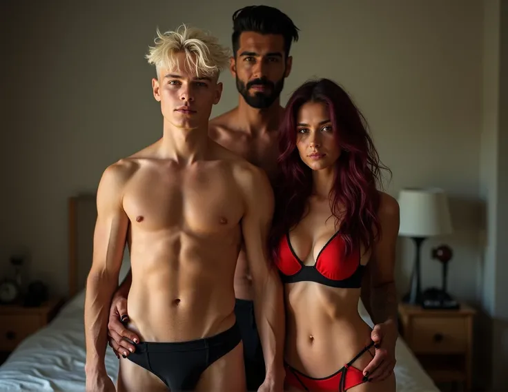 Three people, short platinum blond young man, textured short cut and side-swept bangs, pale skin, lean body, standing in front of a young toned woman of the same height, vibrant maroon long wavy side-parted hair wearing a red/black bra and red/black pantie...