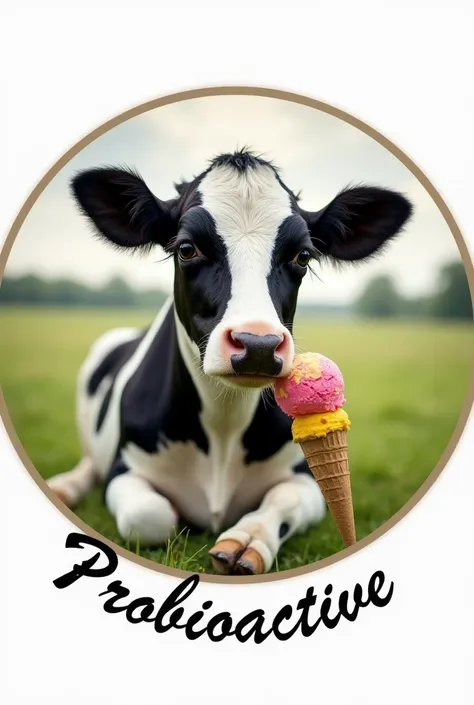 Beautiful, soft black and white cow with long eyelashes sitting with an ice cream cone.
The image should be round..
Below it should say Probioactive in italics