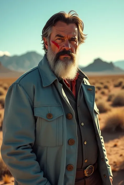 Old West style 45 year old adult man dark haired with white beard with red mustache with light blue overcoat with a scar on his eyebrow 