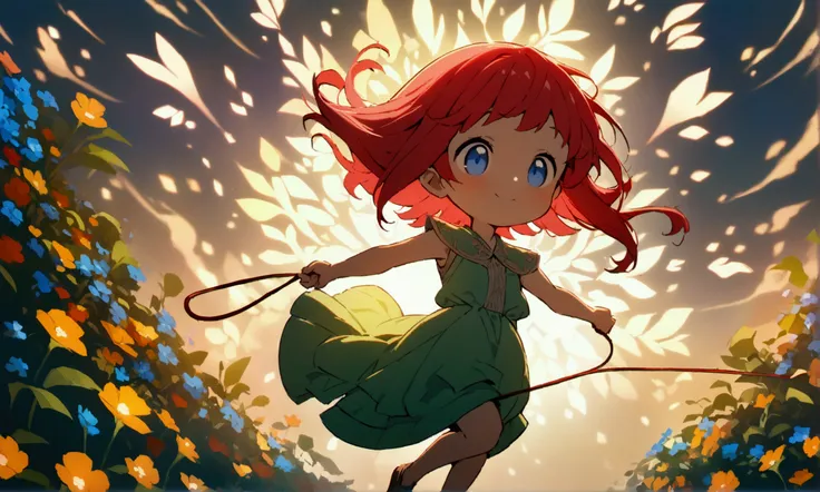 small girl, long red hair, blue eyes, green dress, full body, skipping rope, happy expression, field of flowers, ((intricate ani...