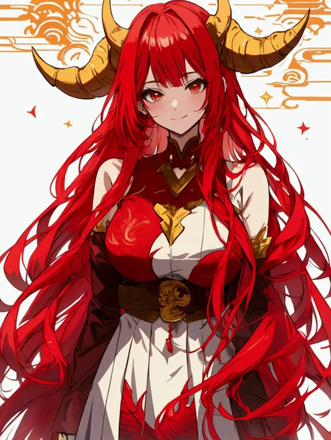 Anime Dragon girl. Red hair. Dragon horns and tail. standing on the hill. Soft smile. Red dragon.