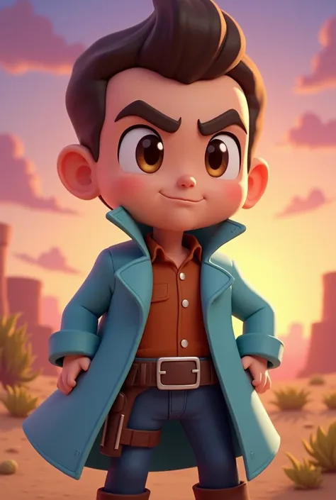 Old west style Sam from Brawl Stars with a light blue overcoat and a scar on his eyebrow 