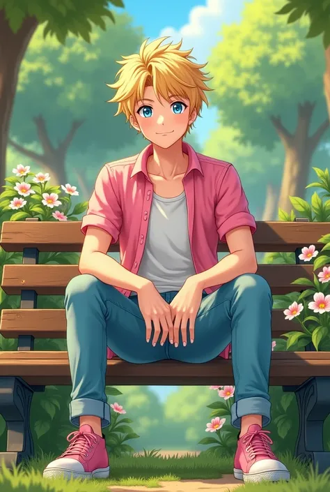 Hiro, young 19 year old sitting on a bench in a park wearing a pink shirt, jeans,  pink shoe and blonde hair and blue eyes 