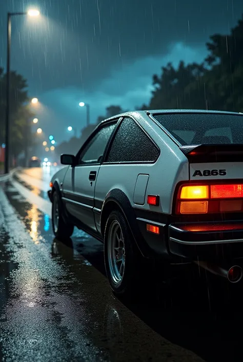 make a AE86 sprinter treuno parked on the side of the road in the rain, the car has a lot of rain water and its a stormy night