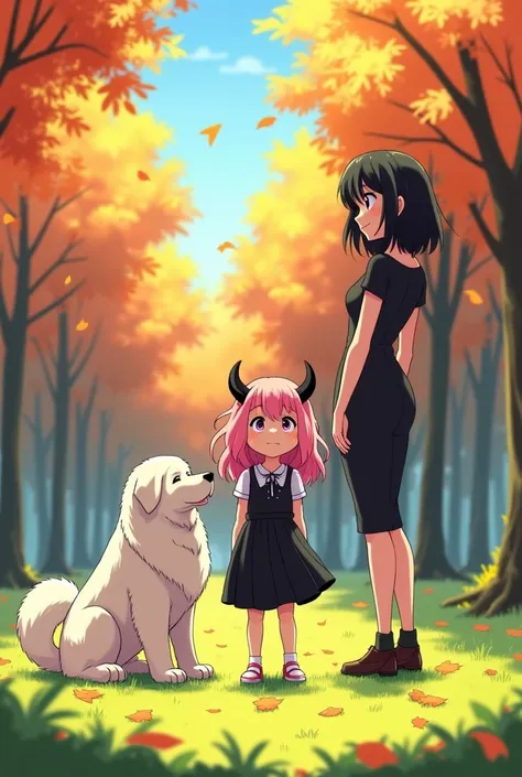  A small girl with pink bubblegum hair, two black horns, and a loose black dress. Anime style, in a park, with a white Newfoundland dog on one side and a woman with black hair in a tight black dress on the other.