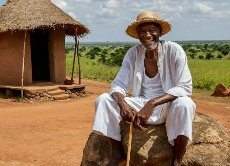 African landscape, typical native houses, 8k reality, a black man, 70 years old, He is sitting on a rock, He has a cane in his right hand, straw hat, White clothes, smiling face,