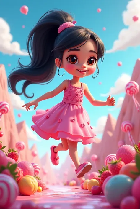 Create a character and base it on Vanelope von Schweetz from Sugar Rush in Wreck-It Ralph , in a candy world, make her have a feminine pink dress, long black hair with strawberry clips with cream and chocolate and a high ponytail held by a donut hair tie, ...