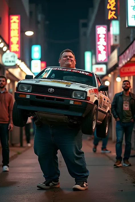 Overweight man carrying a Toyota Corolla Trueno AE86