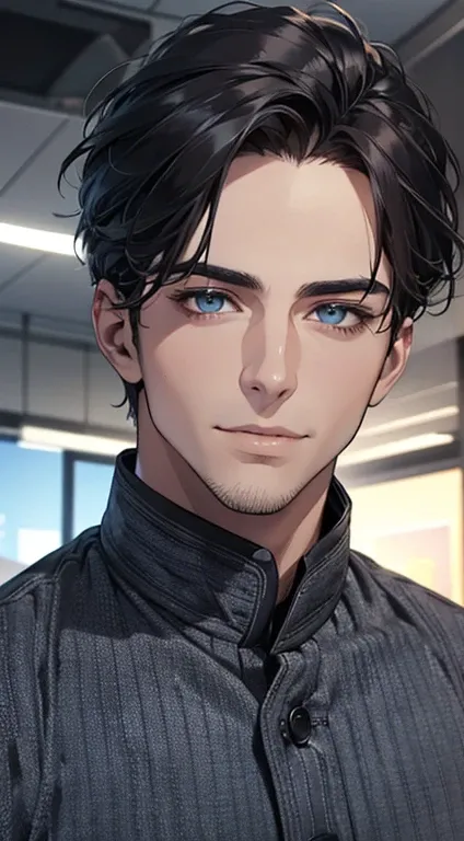 (best quality,4k,8k,highres,masterpiece:1.2),ultra-detailed,(realistic,photorealistic,photo-realistic:1.37),1 man,31 years old,mature man,very handsome,without expression,smile,short grey black hair,blue eyes,penetrating gaze,perfect face without errors,im...