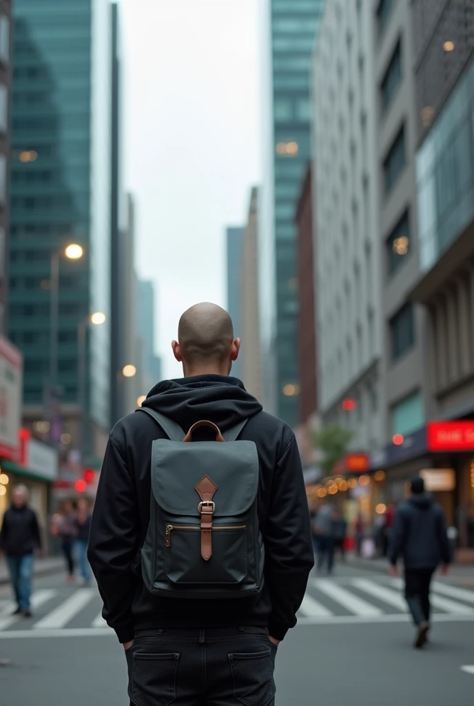  bald student on the cloudy street with his back to the road
with a backpack on his back